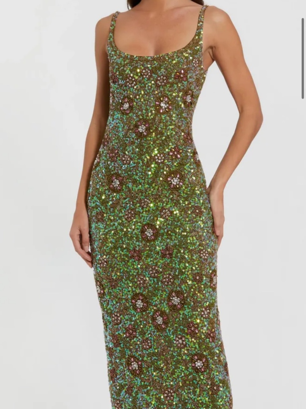 MAC DUGGAL Green Sleeveless Hand Embellished Floral Maxi Dress